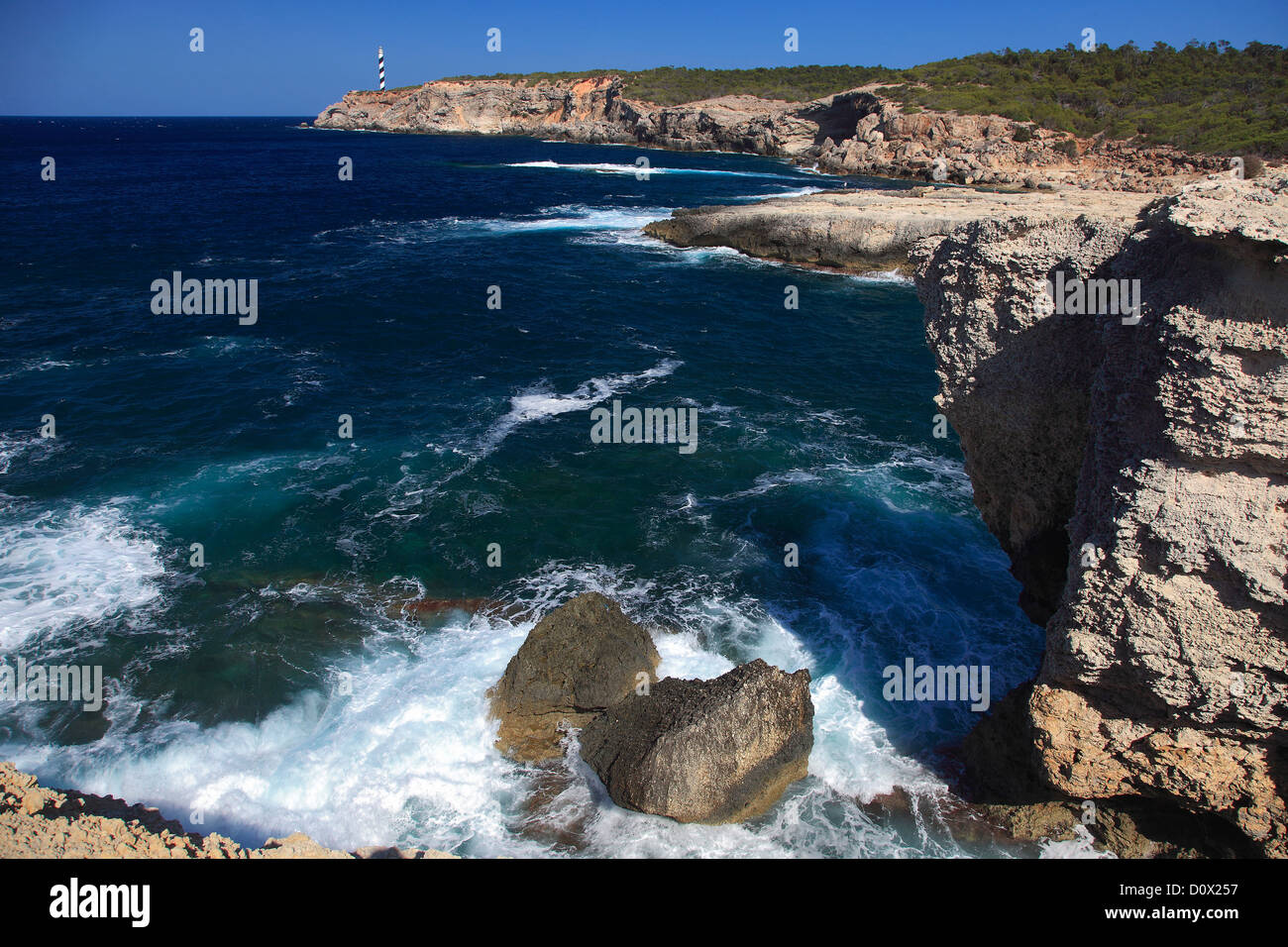 The Lighthouse at Portinatx resort, Ibiza Island, Balearic Isles, Spain, Europe Stock Photo