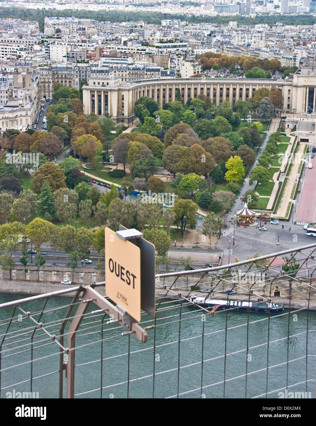 View from west side Eiffel Tower observation deck towards the Seine and Palais de Chaillot Paris France Europe Stock Photo