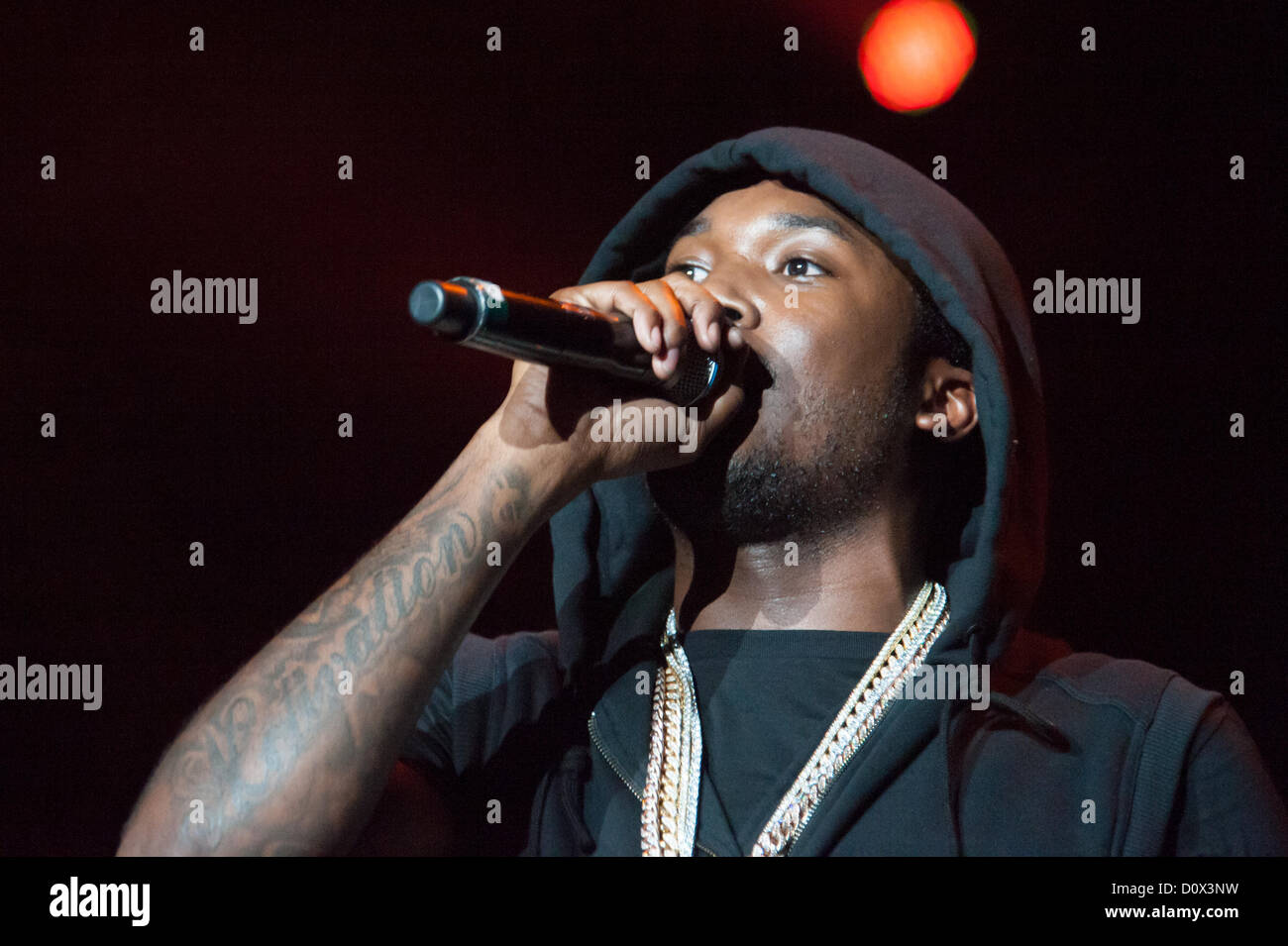 SACRAMENTO, CA – December 1: Meek Mill performs in Rick Ross’ MMG Tour featuring Machine Gun Kelly and Wale Folarin at Sleep Train Arena in Sacramento, California on December 1, 2012. Stock Photo