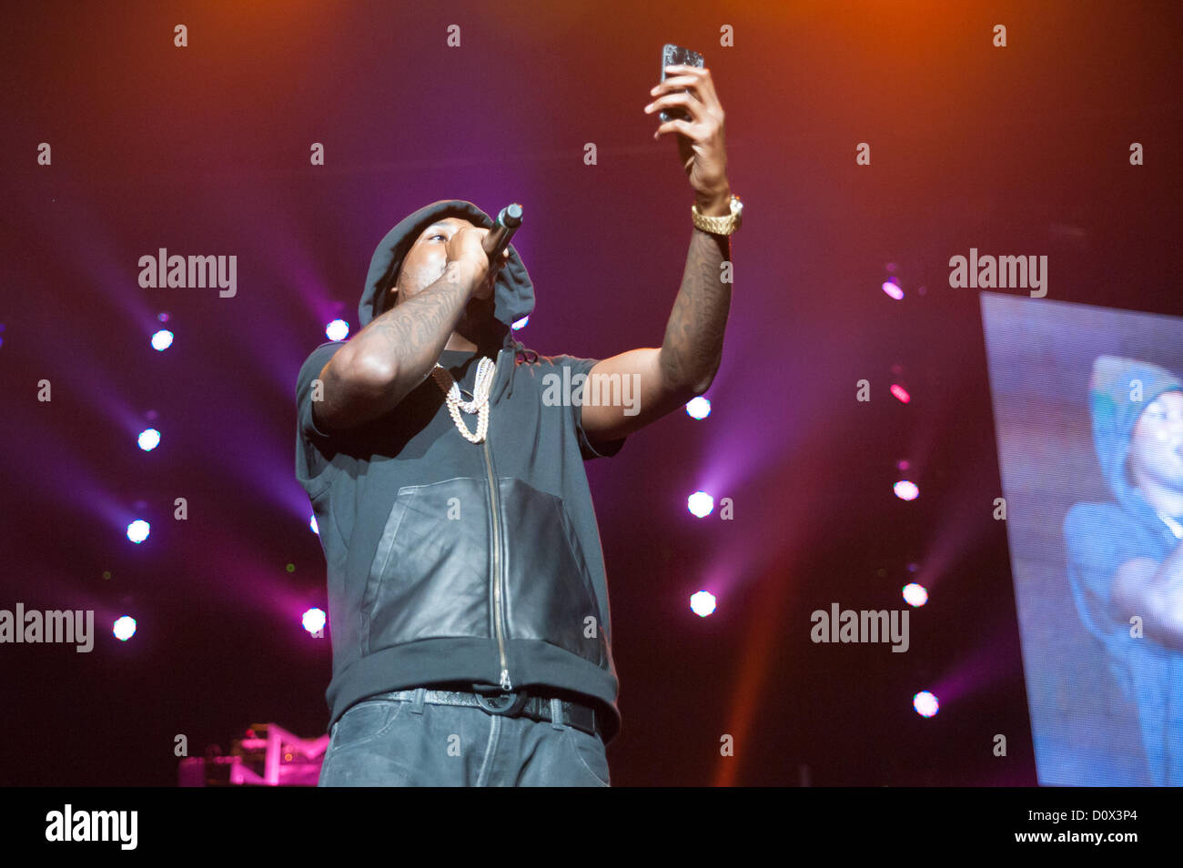 SACRAMENTO, CA – December 1: Meek Mill performs in Rick Ross’ MMG Tour featuring Machine Gun Kelly and Wale Folarin at Sleep Train Arena in Sacramento, California on December 1, 2012. Stock Photo