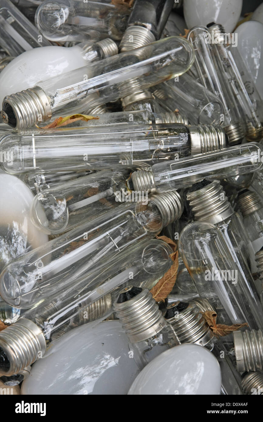 pile of broken bulbs and burned in the dump of the glass Stock Photo