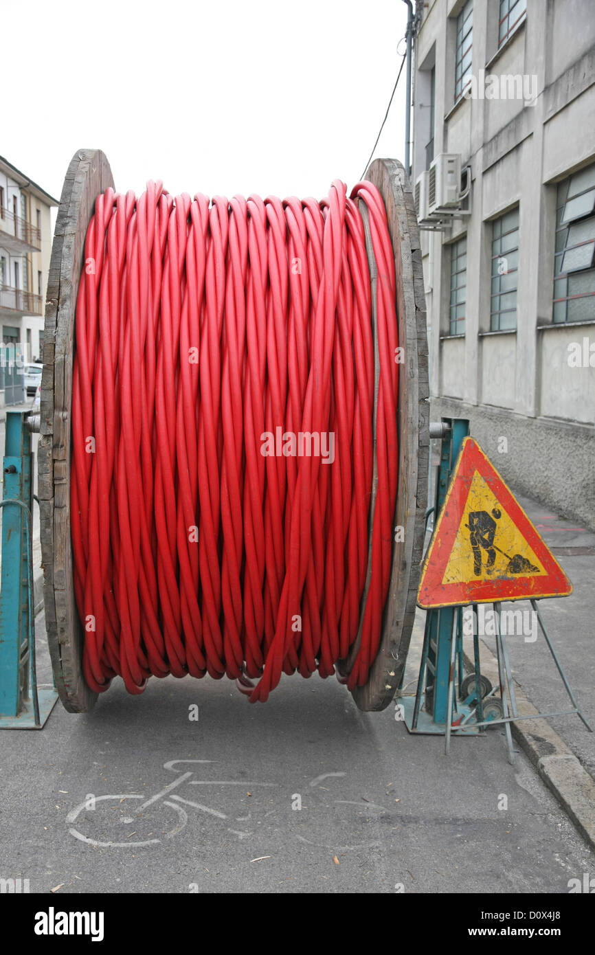 Traffic Signal Work In Progress With A Large Red Coil Cord Red For High Power Electricity Stock Photo Alamy