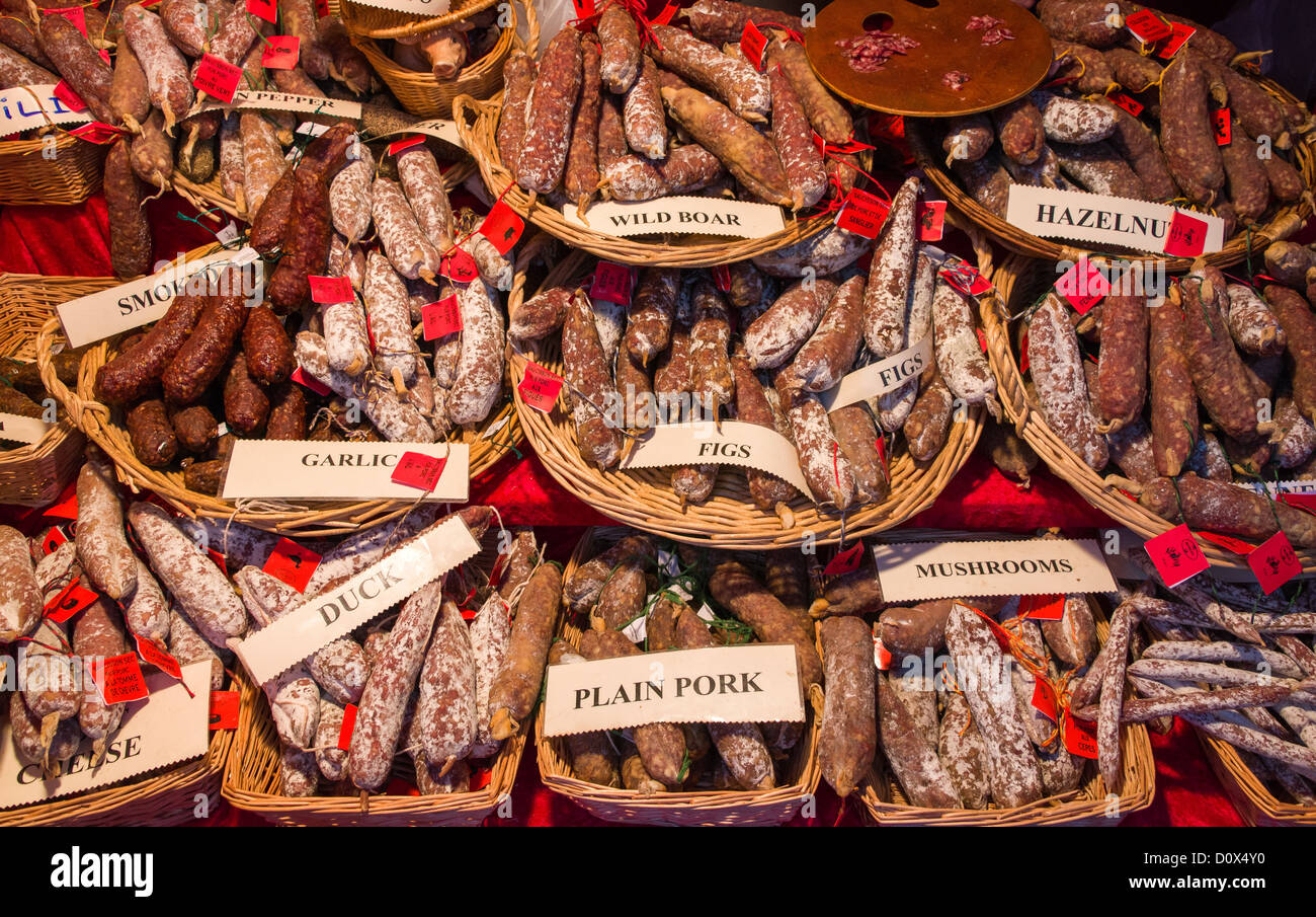 Saucisson sausages for sale at Winchester Christmas Market located