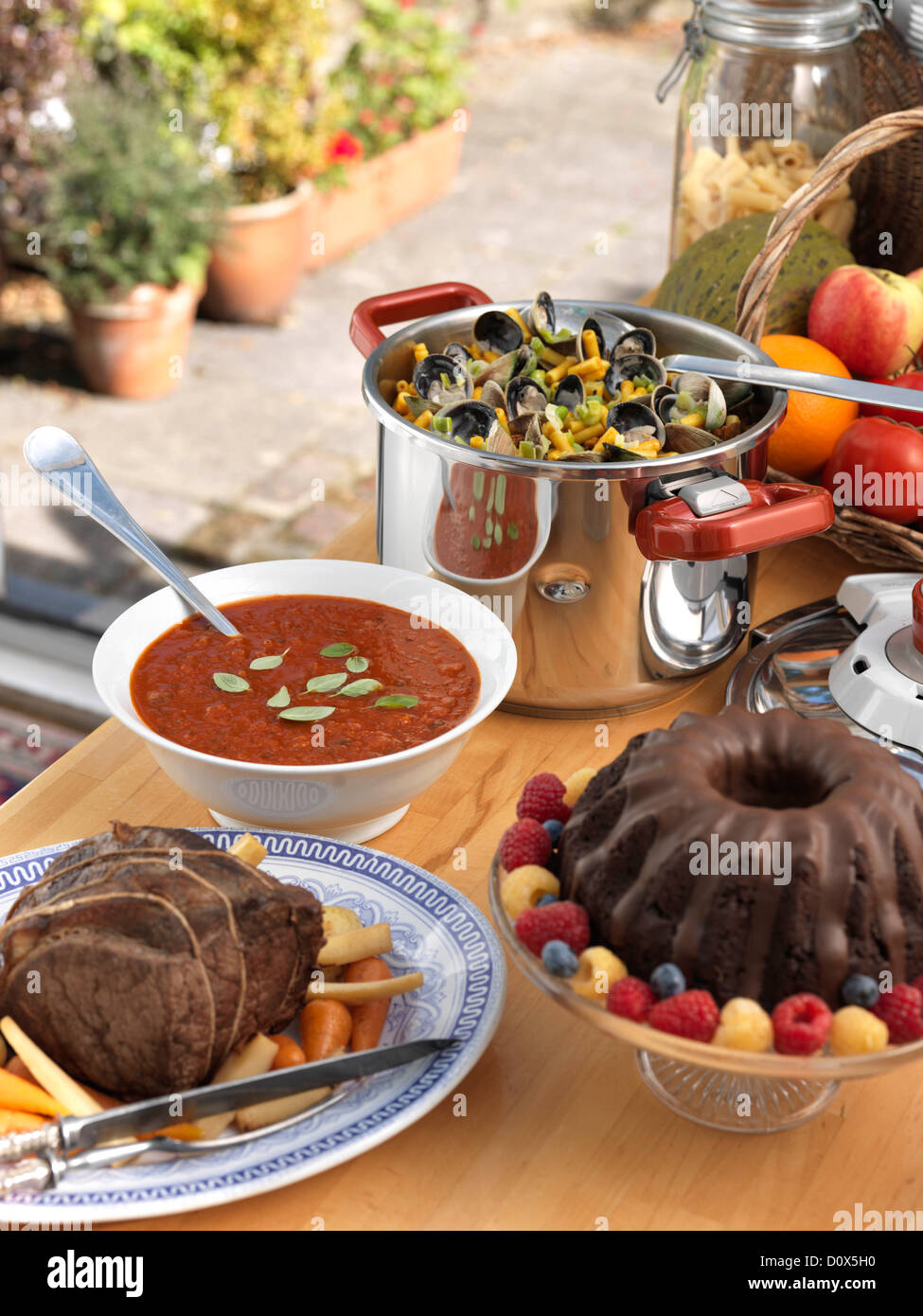 Pressure cooker soup pot roast chocolate cake Stock Photo