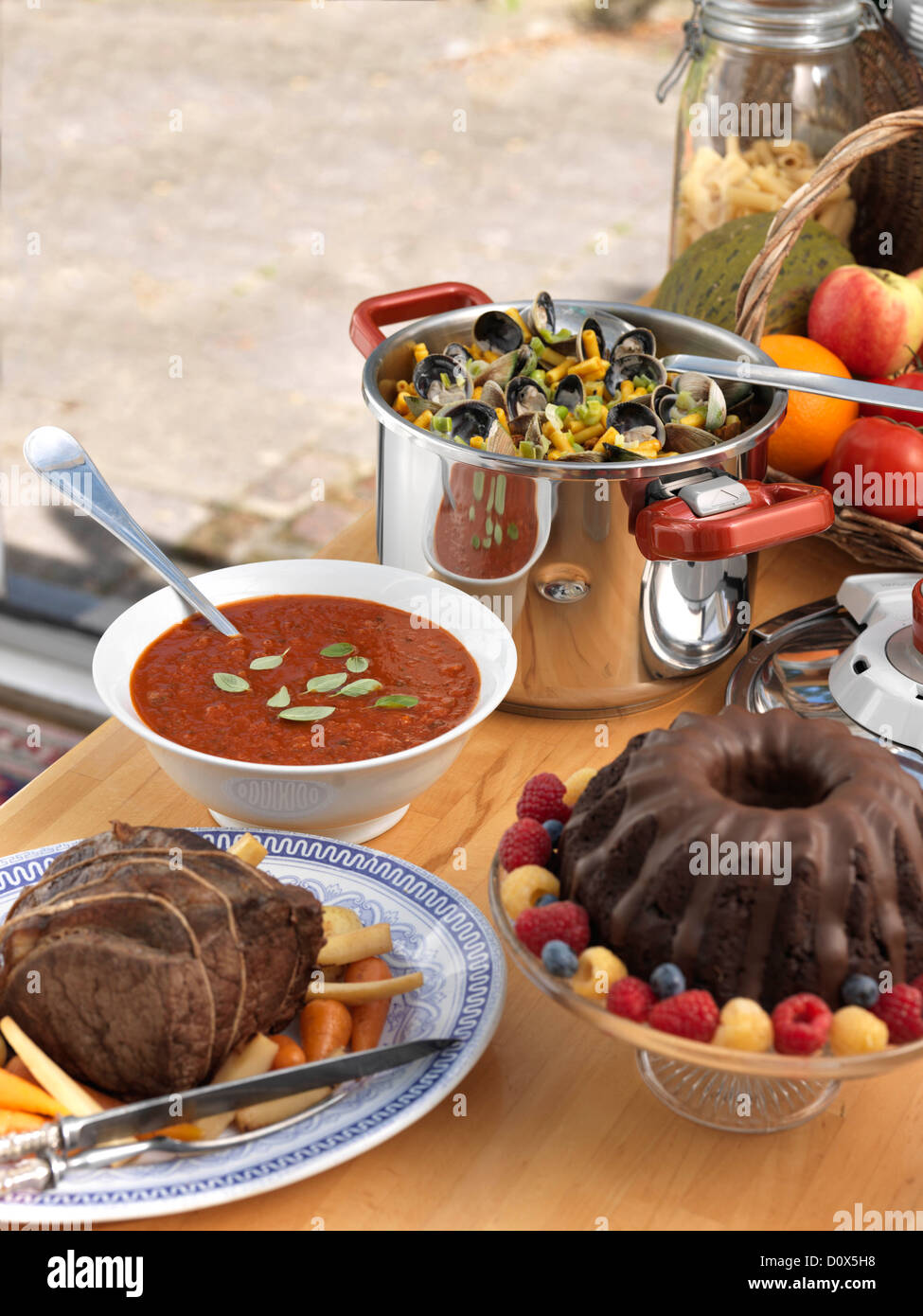 Pressure cooker soup pot roast chocolate cake Stock Photo