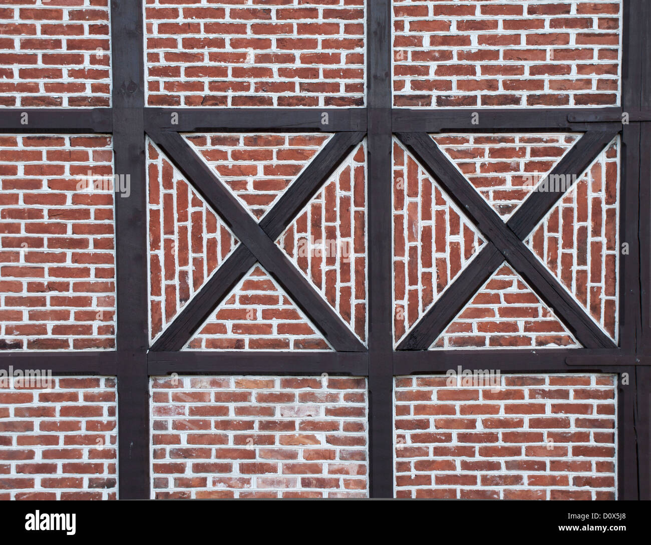 Timber framing also called post-and-beam construction makes beautiful patterns when photographed close up, here in Oslo Norway Stock Photo