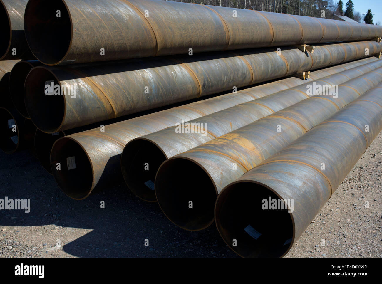 Inventory Pile of hollow steel stilts , used at construction work Stock