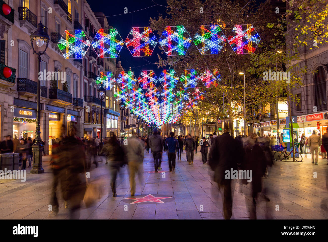 Portal de l'Angel pedestrian street adorned with Christmas lights, Barcelona, Catalonia, Spain Stock Photo