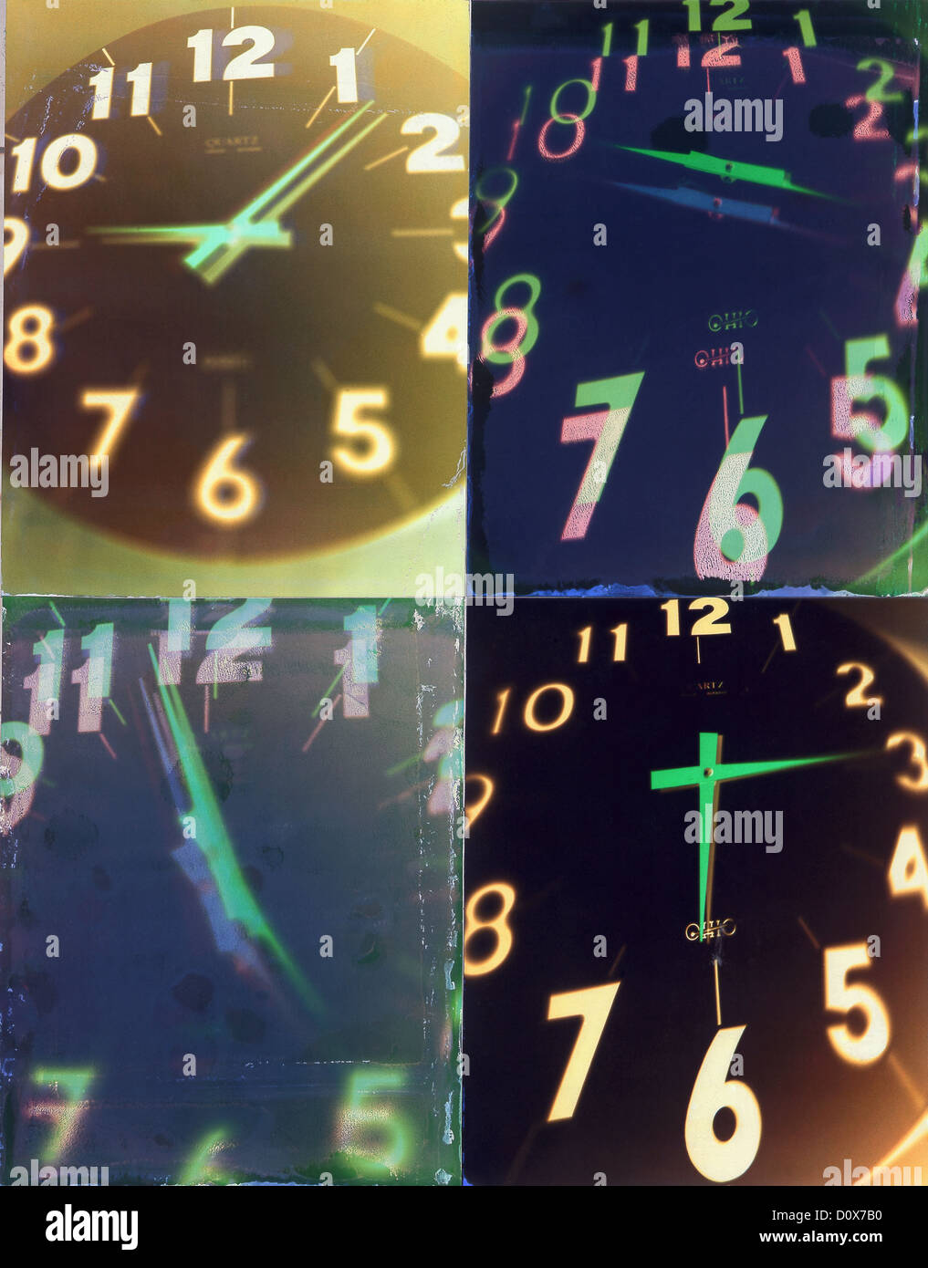 four clock faces with different times. photo composite from polaroid