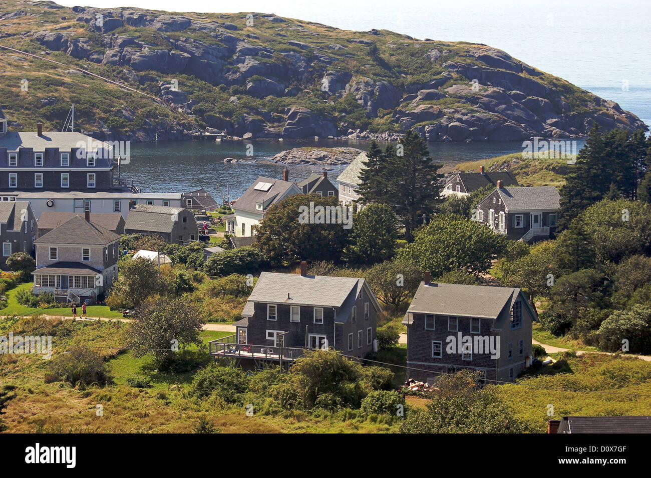 Homes in Monhegan Village, Monhegan Island, Maine, with Manana Island