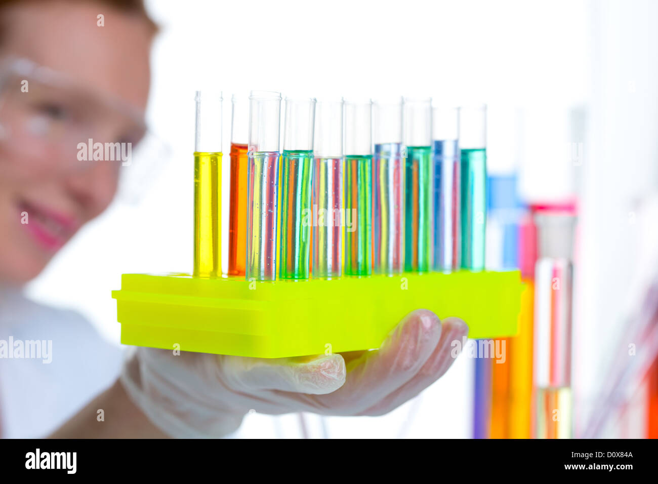 chemical laboratory scientist woman working with test tubes Stock Photo