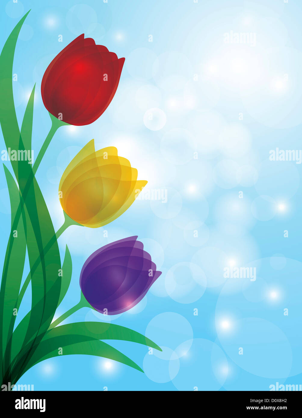 Colorful Tulips Bouquet Flowers for Mothers Day or Easter Illustration on Blue Sky Bokeh Background Stock Photo