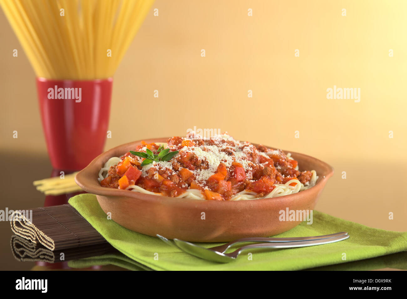 Spaghetti bolognaise made with minced meat, tomato, onion and carrot