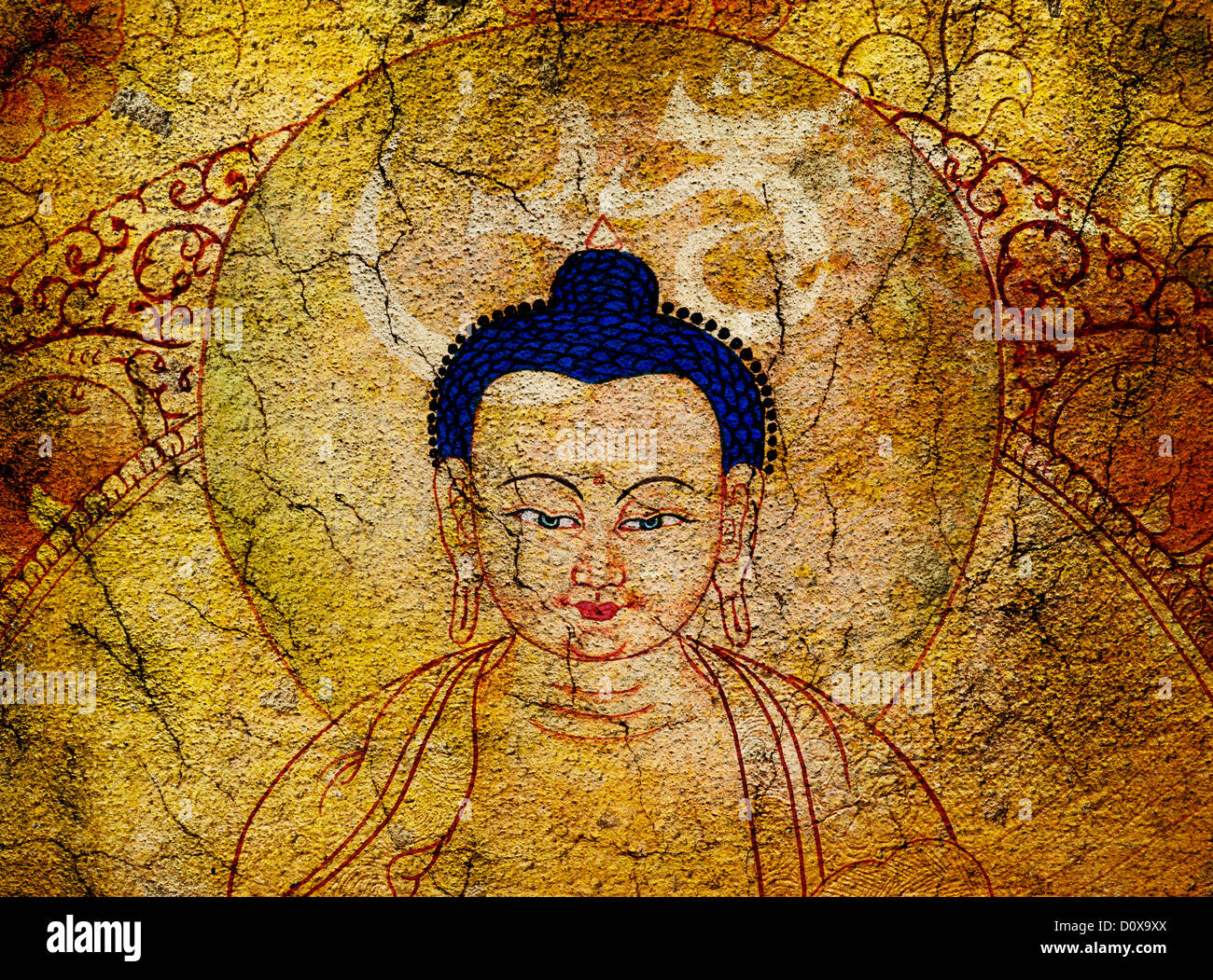 Buddha painting and AUM on textured background. Montage Stock Photo