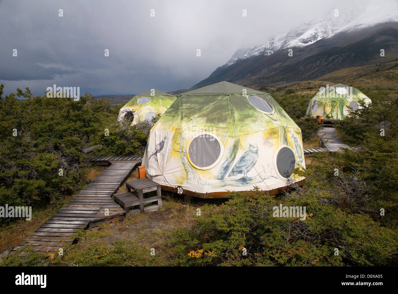 Geodesic dome tent at an eco camp in Torres Del Paine National Park, Chile. Stock Photo