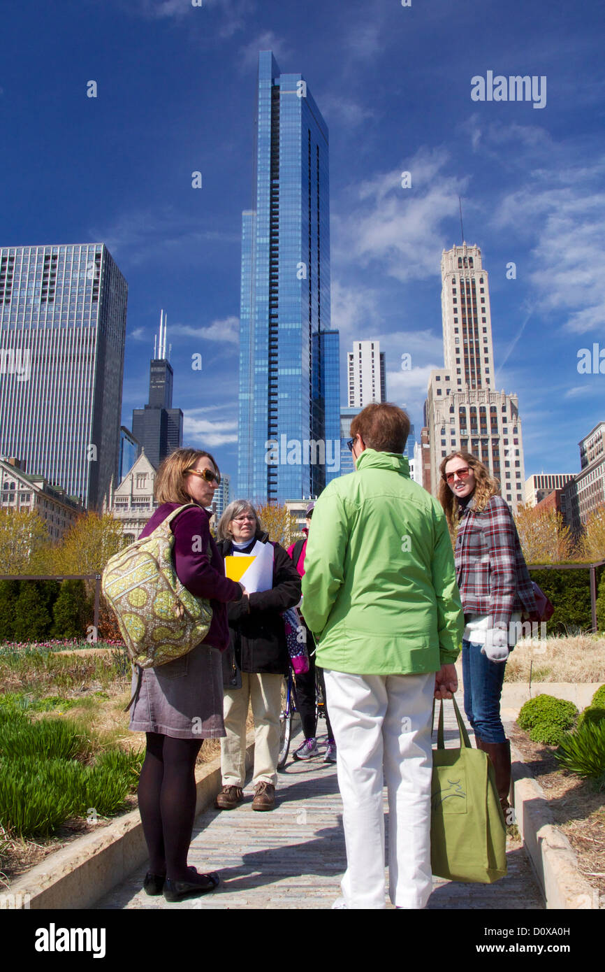 Women talking in Lurie Garden Millennium Park Chicago, Illinois Stock Photo