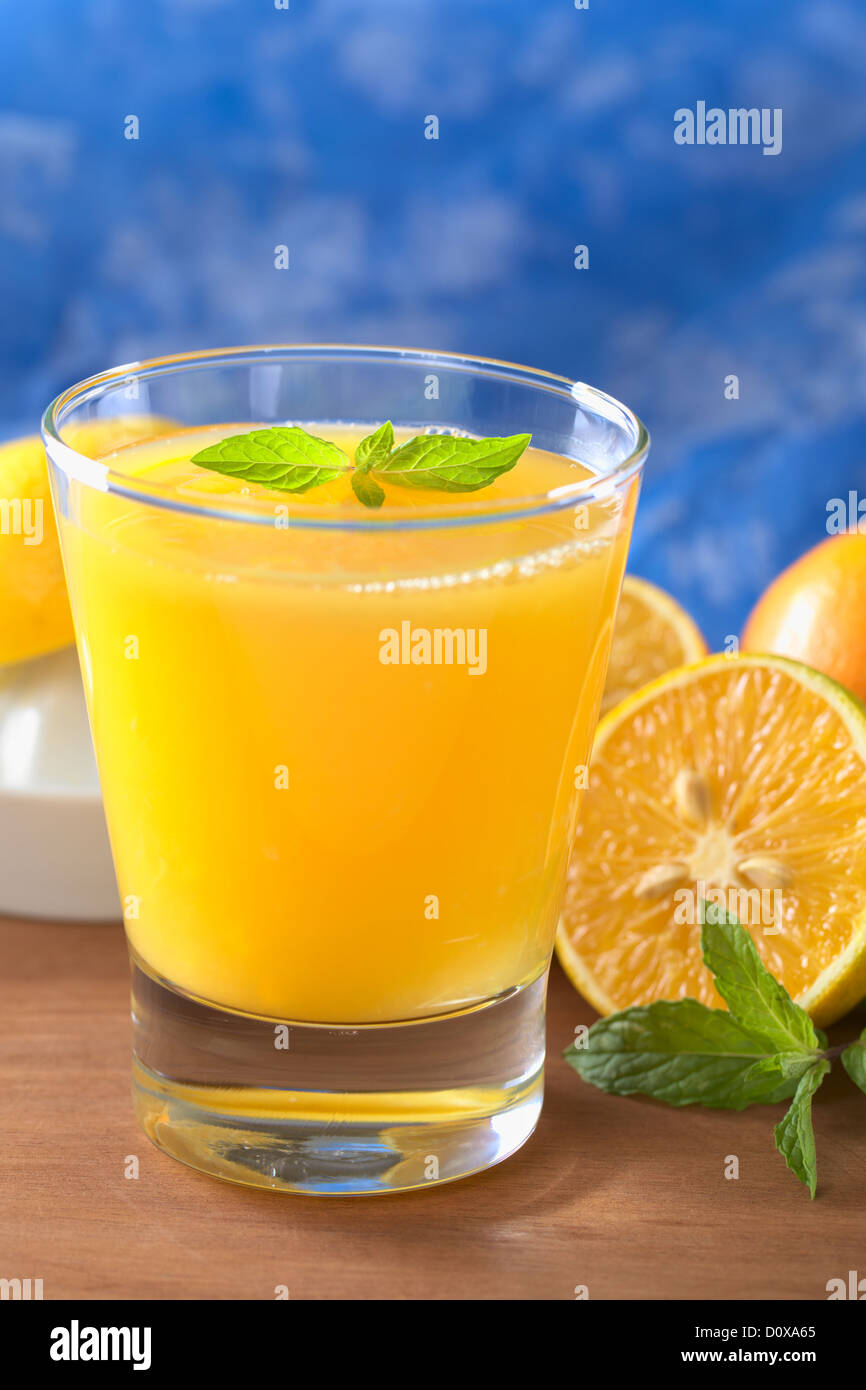 Freshly squeezed orange juice with orange slice and mint leaf on top of