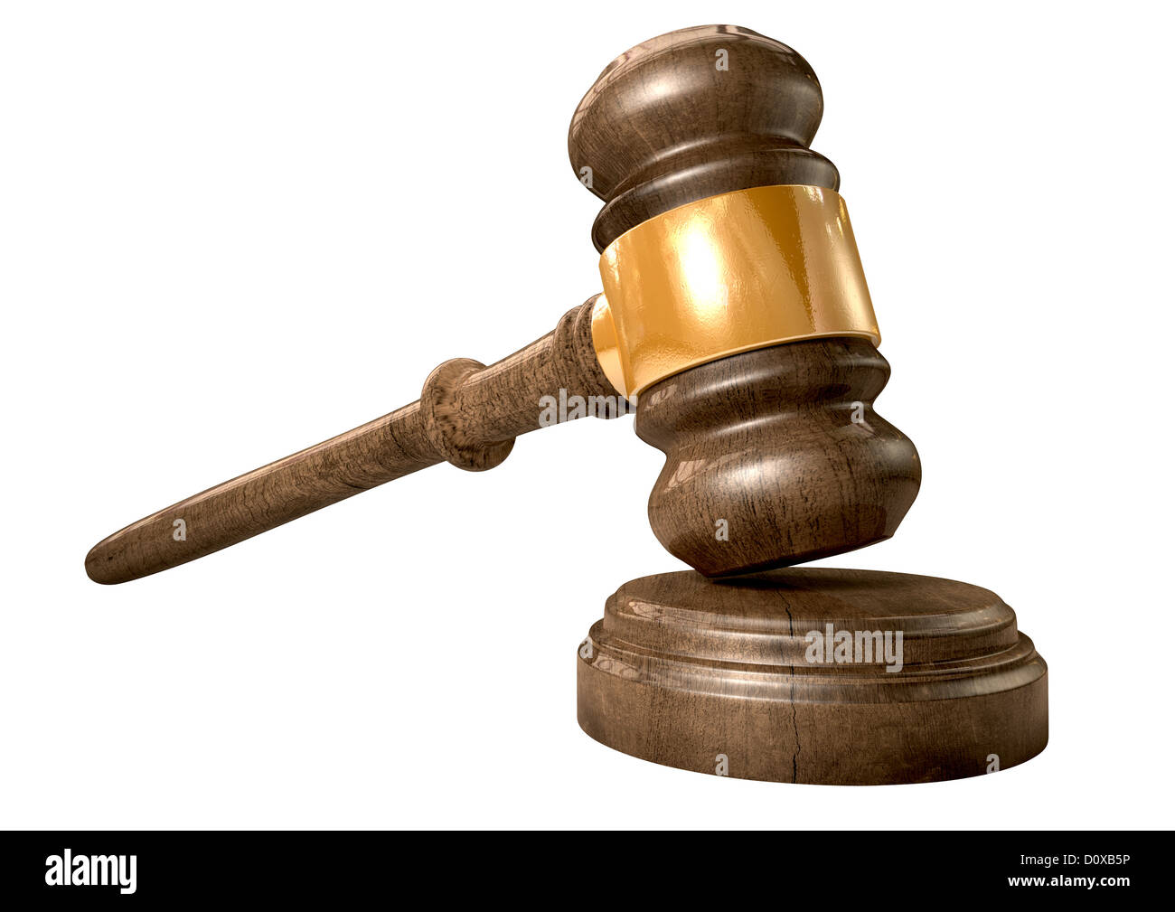 A regular wooden auctioneers hammer with copper trim on an isolated