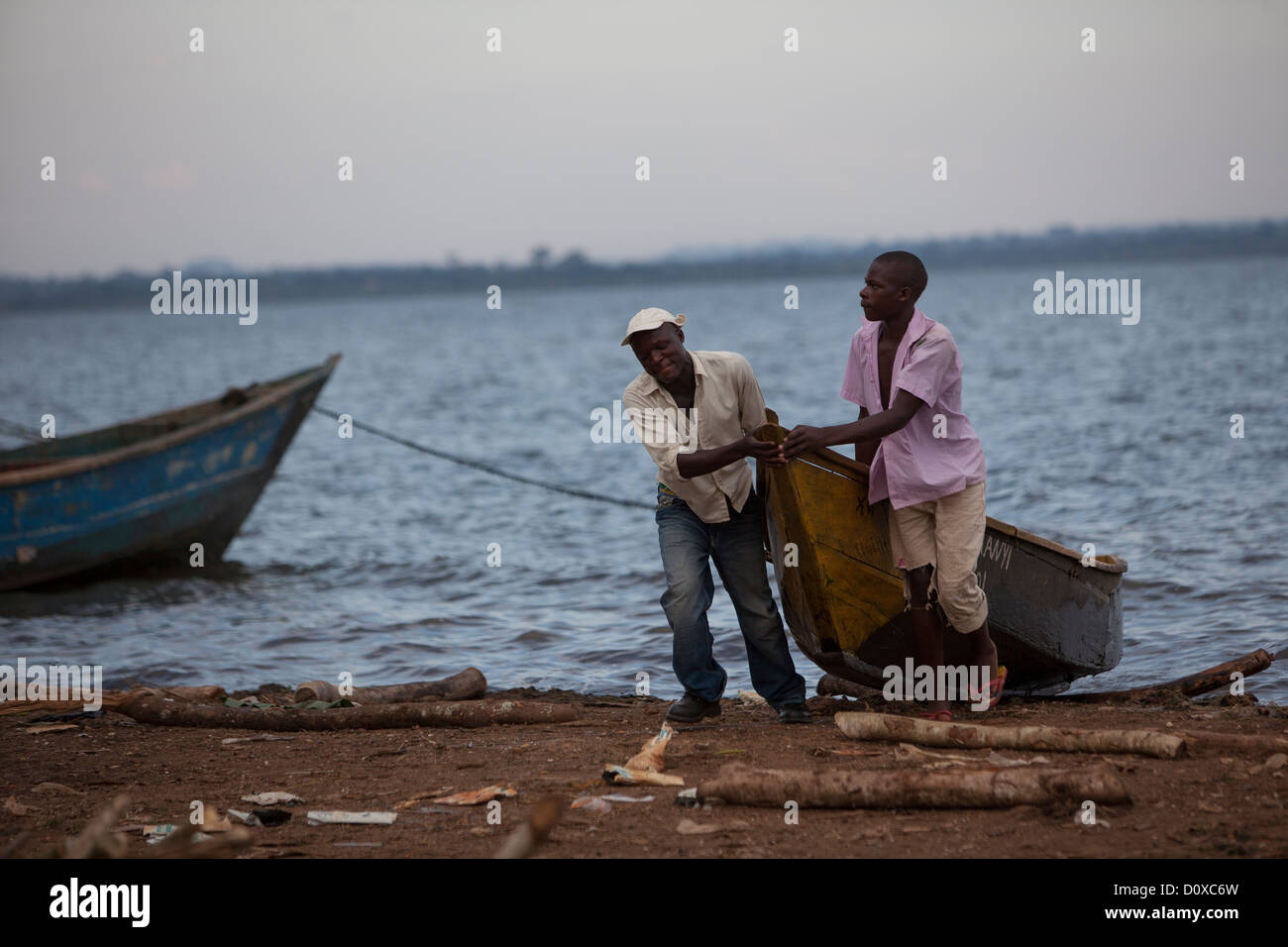 Lake Victoria fishing village scene - Bussi Island, Uganda, East Africa Stock Photo
