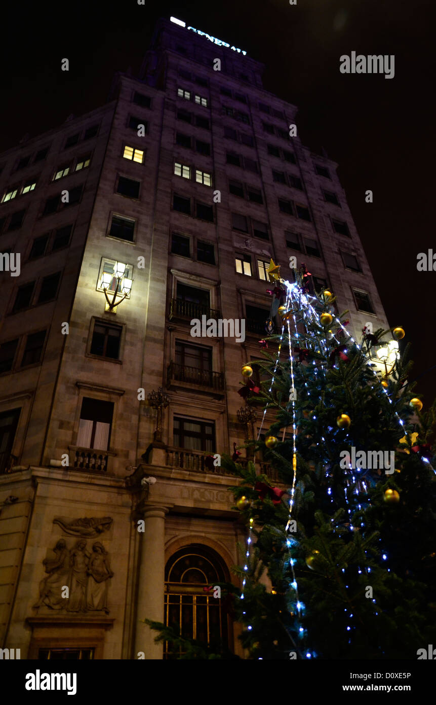 Generali Insurances Building in Barcelona with Christmas tree. Stock Photo