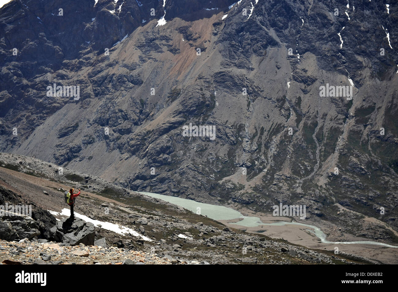 Woman with the landscape of Rio Electrico Valley, El Chalten, Argentina Stock Photo