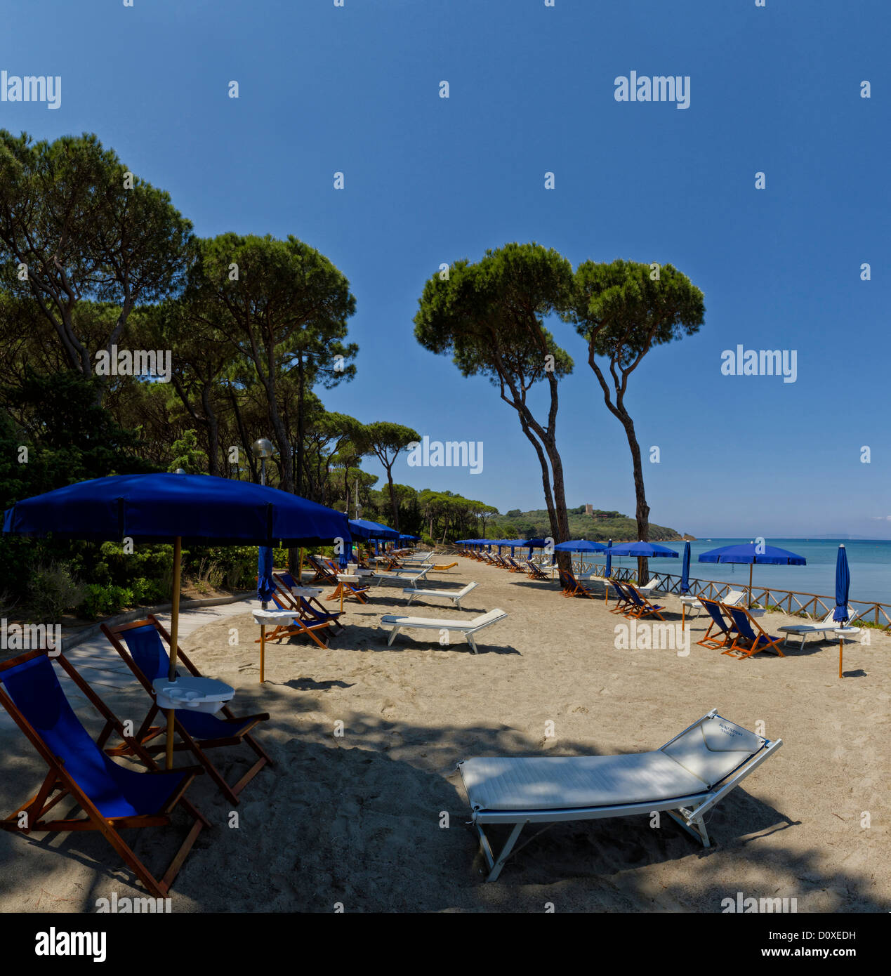 Punta Ala, Italy, Europe, Tuscany, Toscana, sea, beach, seashore, deck chairs Stock Photo