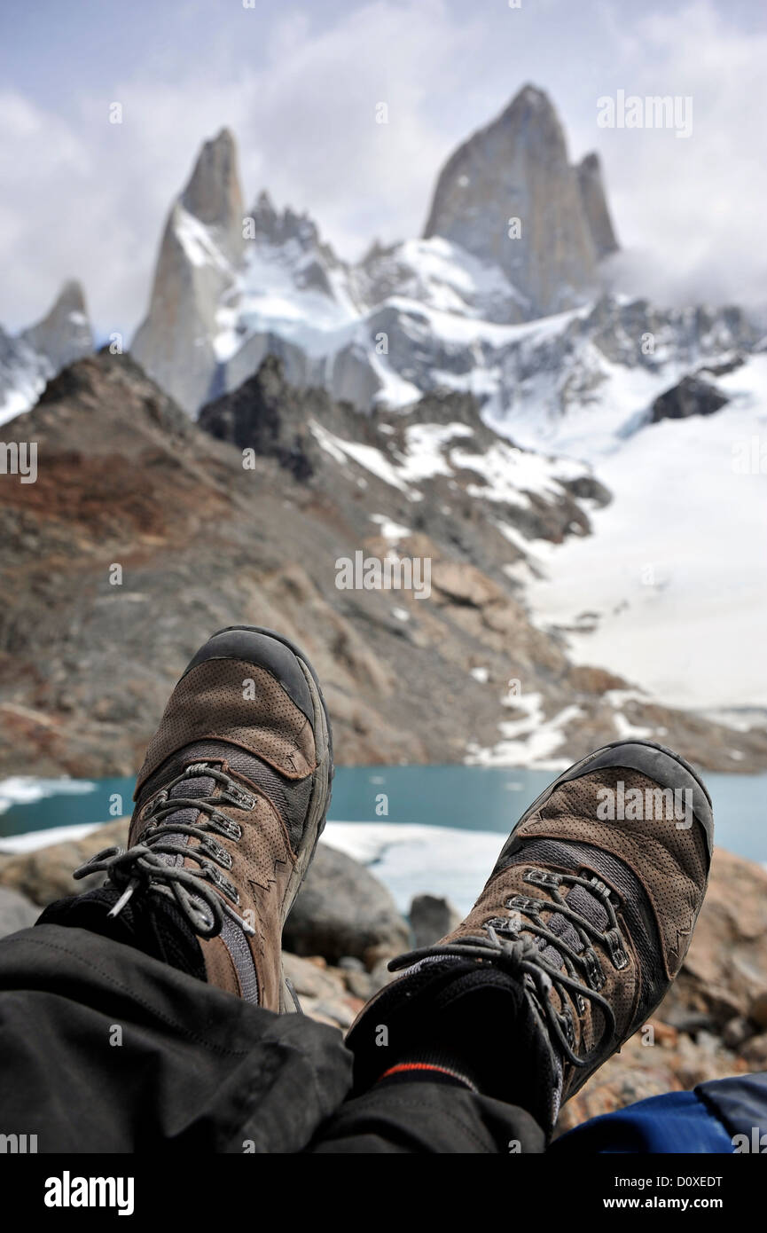 Feet in front of the Monte Fitz Roy in Los Glaciares National Park., El Chalten, Argentina Stock Photo