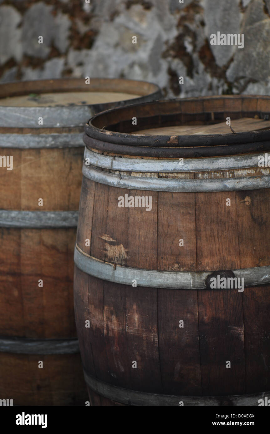 Wooden Barrel used to store Wine Stock Photo