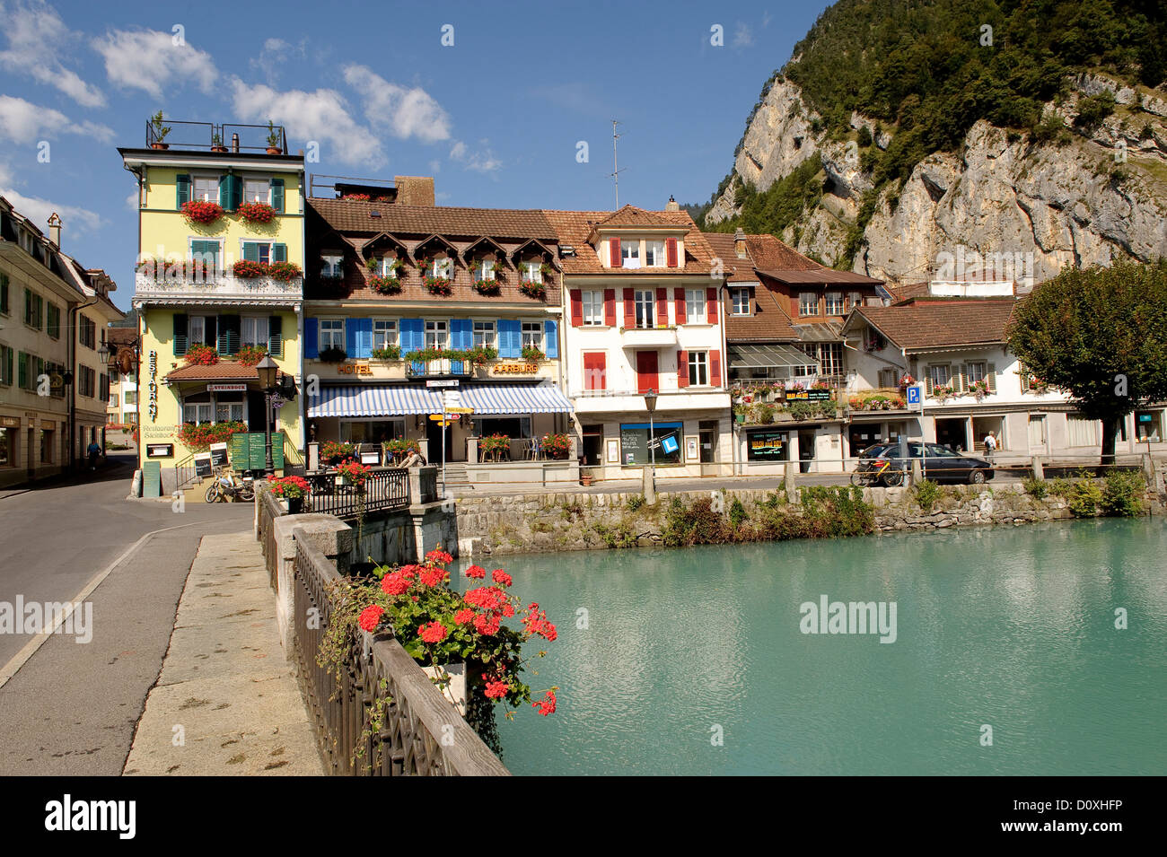 Old Town, Bernese Oberland, Interlaken, canton Bern, Switzerland, Europe, Aare, river, flow, Unterseen Stock Photo