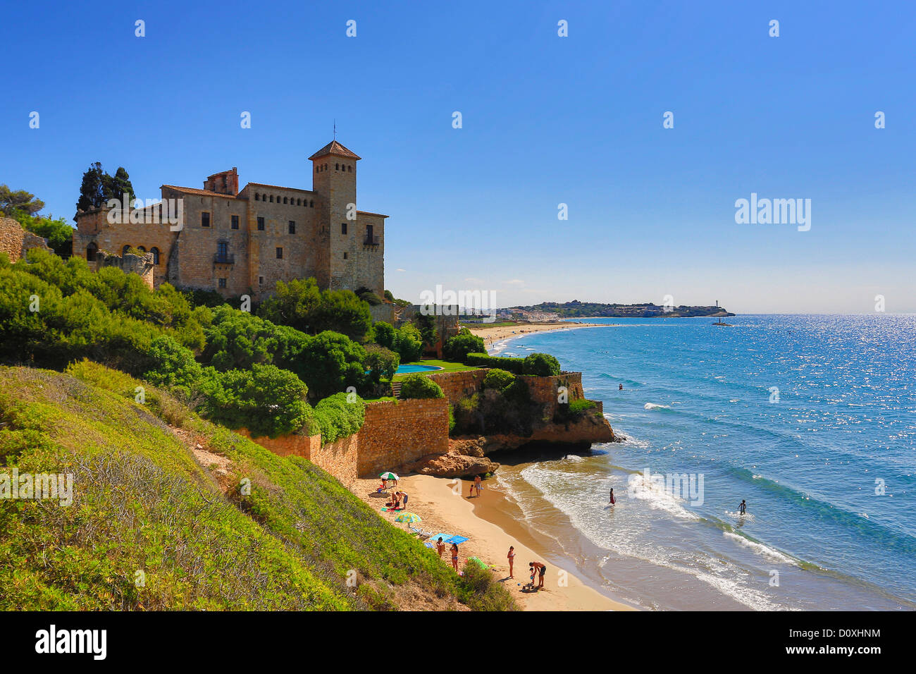 Spain Europe Catalonia Tarragona Province Tamarit Castle beach blue castle history holidays Mediterranean sand sea Stock Photo