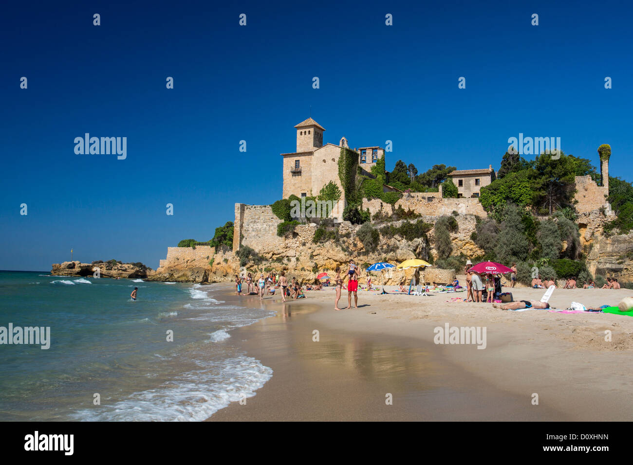 Spain Europe Catalonia Tarragona Province Tamarit Castle beach blue castle history holidays Mediterranean sand sea Stock Photo
