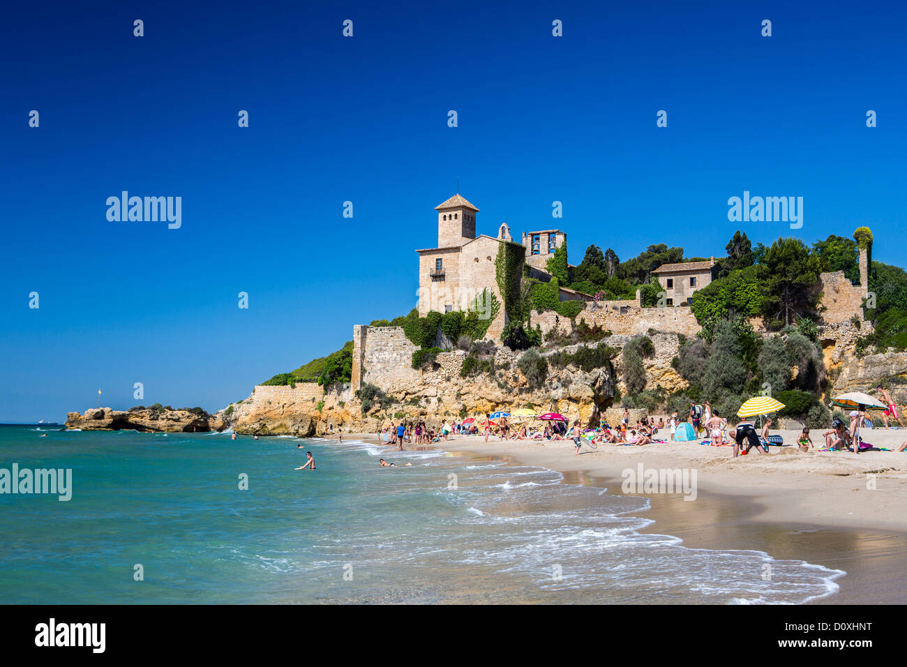 Spain Europe Catalonia Tarragona Province Tamarit Castle beach blue