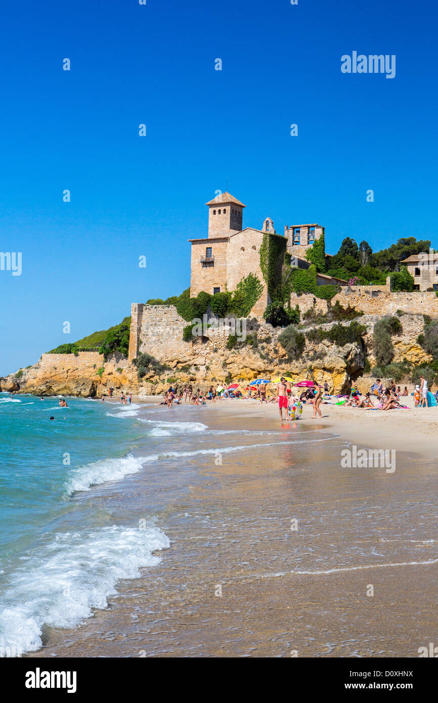 Spain Europe Catalonia Tarragona Province Tamarit Castle beach blue