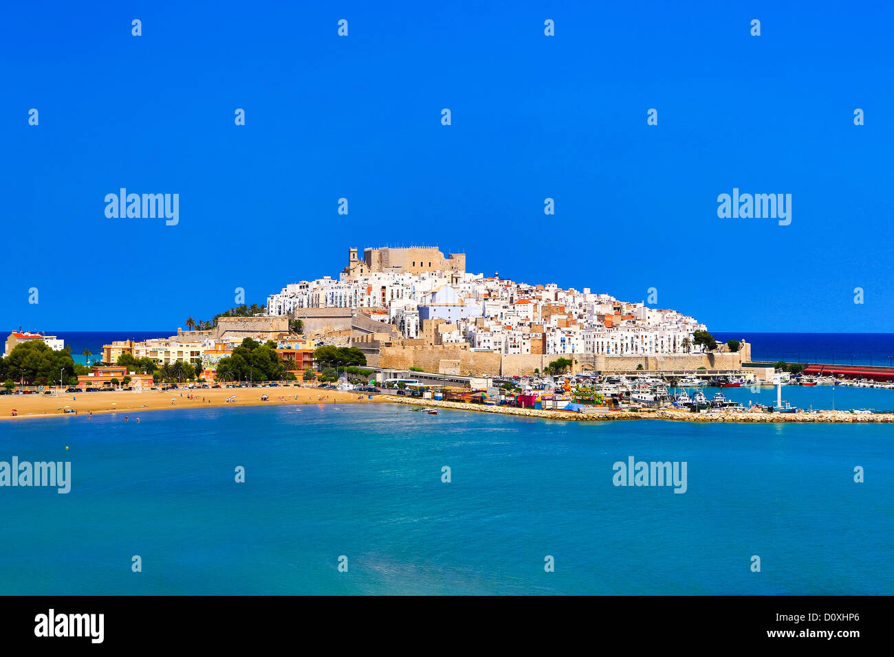 Spain, Europe, Valencia, Castellon, Province, Peniscola, town, Valencia, beach, blue, castellon, castle, skyline, history, holid Stock Photo