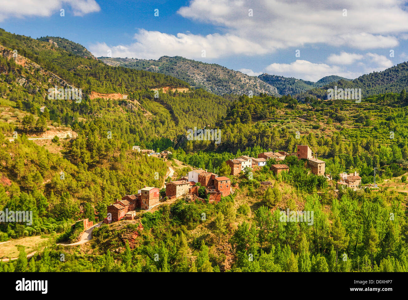 Spain, Europe, Aragon, Teruel, Province, Maestrazgo, Puertomingalvo, Village, architecture, landscape, forest, mountains, natura Stock Photo