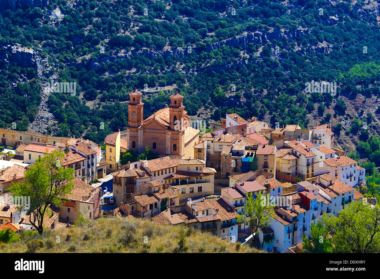 Spain, Europe, Aragon, Teruel, Province, Maestrazgo, Villarluengo, town, Teruel, architecture, belfry, church, medieval, natural Stock Photo