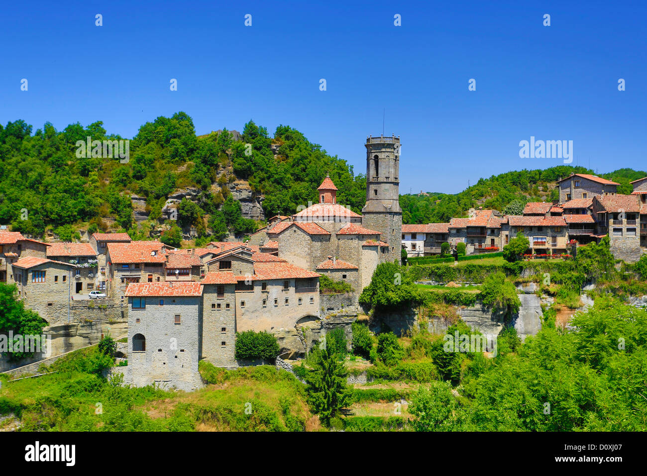 Spain, Europe, Catalonia, Barcelona Province, Rupit, town, architecture, belfry, church, medieval, natural, picturesque, skyline Stock Photo
