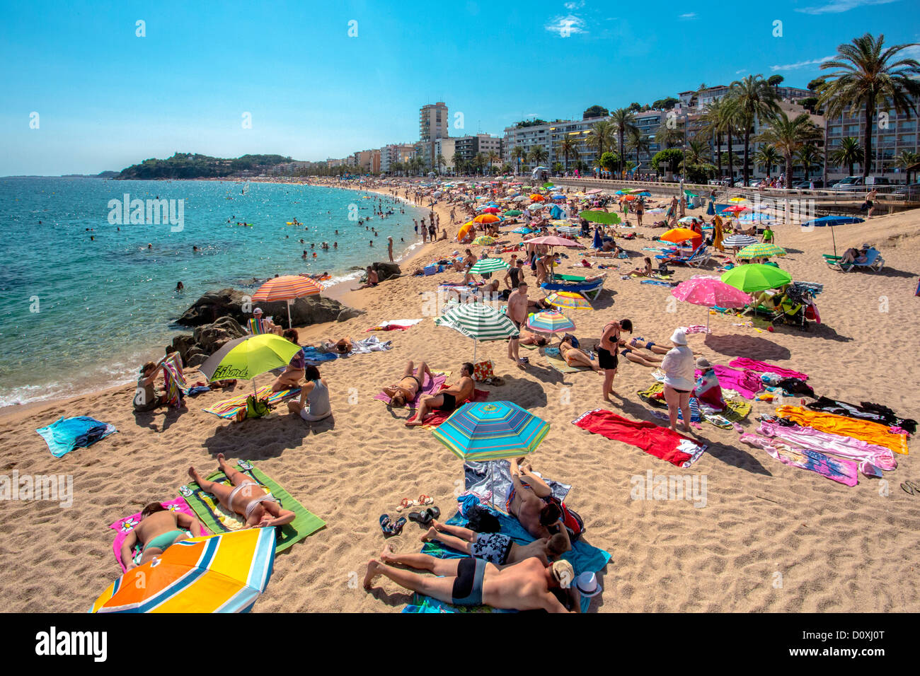 Spain, Europe, Catalonia, Costa Brava Coast, Lloret de Mar, town, Beach, beach, coast, Costa, Costa Brava, crowded, garden, holi Stock Photo