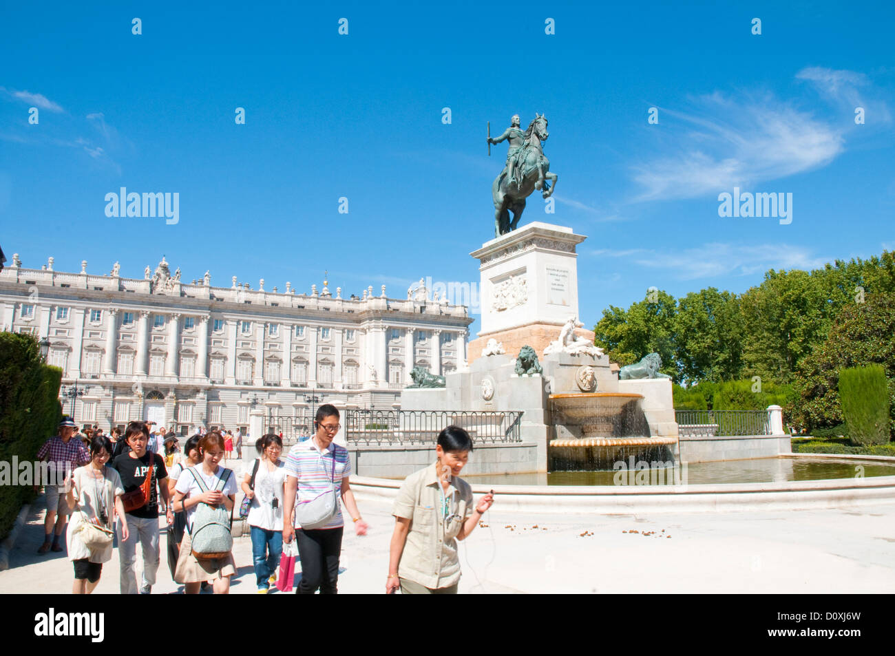 Group of Japanese tourists at Oriente Square. Madrid, Spain. Stock Photo