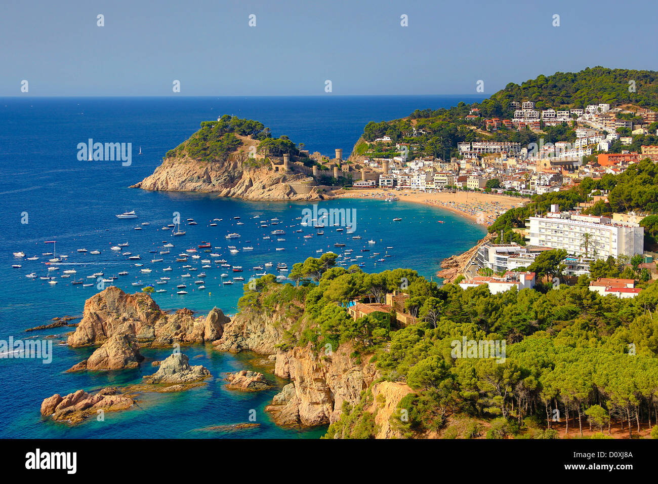 Spain, Europe, Catalonia, Costa Brava Coast, Tossa de Mar, town, beach, blue, boats, bright, cliff, coast, colourful, Costa Brav Stock Photo