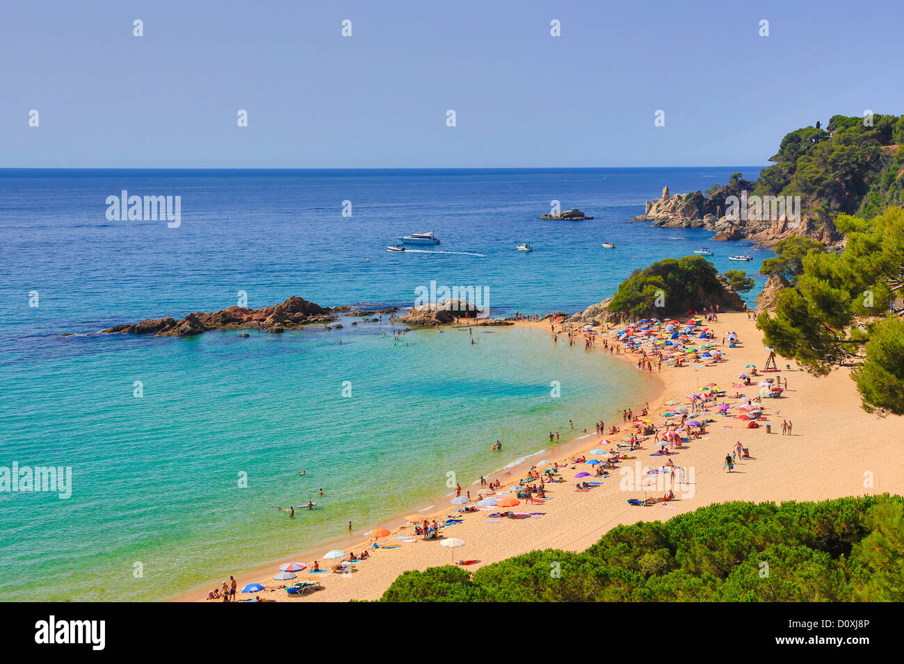 Spain, Europe, Catalonia, Costa Brava Coast, Lloret de Mar, town, Santa Cristina Beach, Lloret, Loret de Mar, beach, blue, brigh Stock Photo