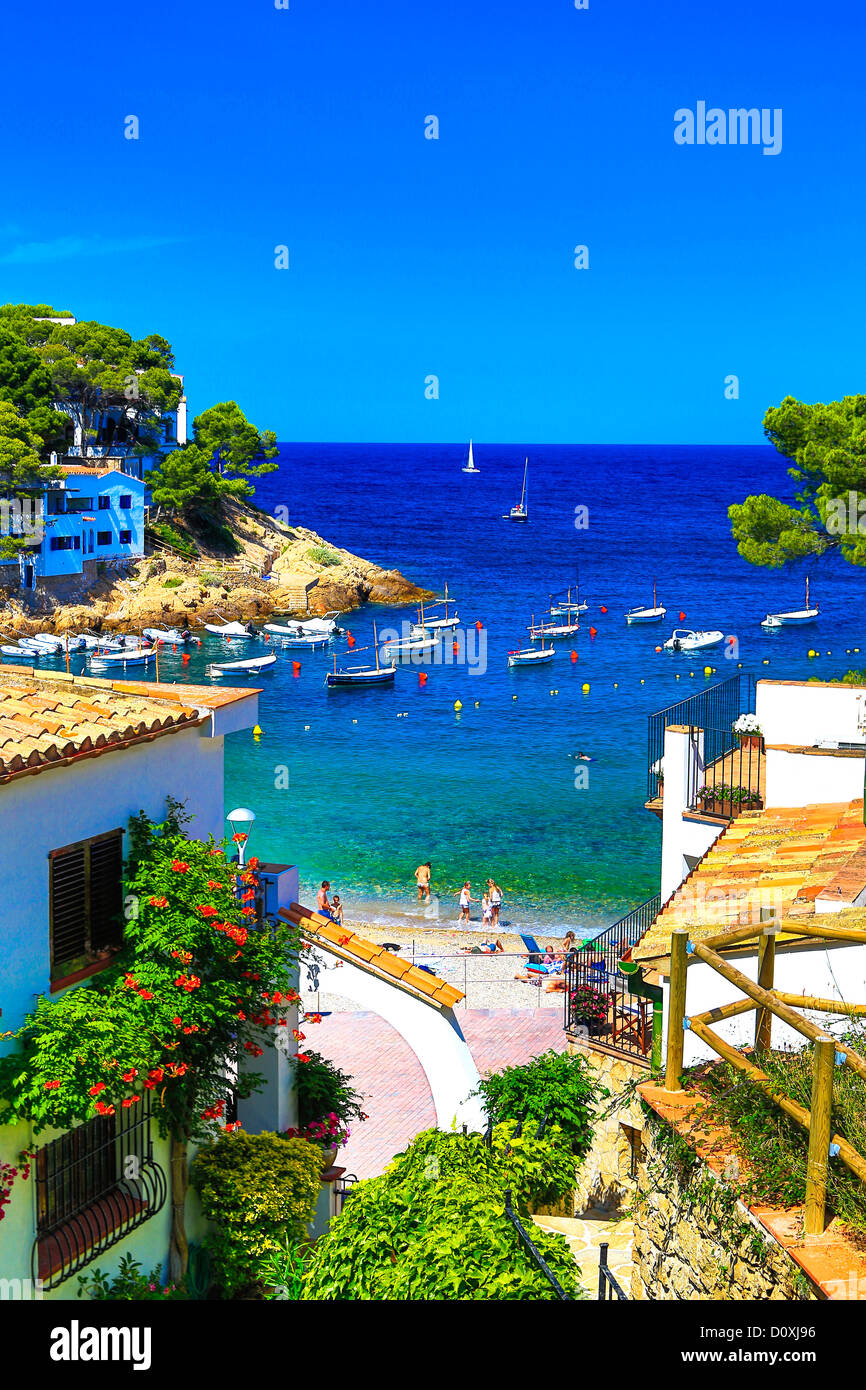 Spain, Europe, Catalonia, Girona Province, Costa Brava Coast, Begur, Sa  Tuna Beach, architecture, beach, blue, boats, coast, Cos Stock Photo - Alamy