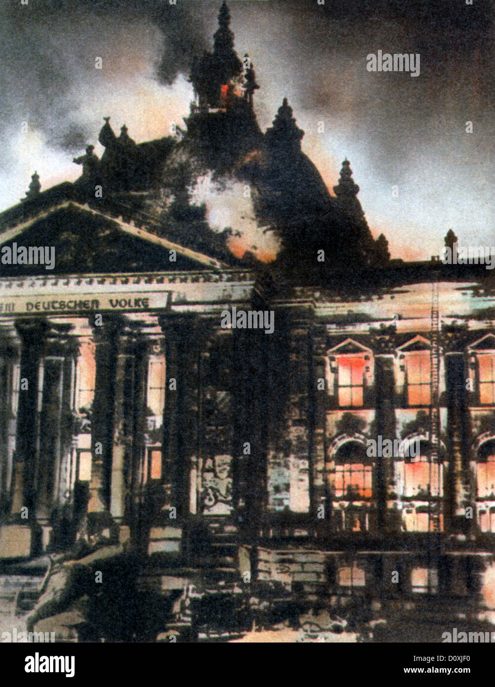 Reichstag Fire, fire, German, Parliament, Van der Lubbe, communists, Nazis, Third Reich, photolithograph, 1933 Stock Photo