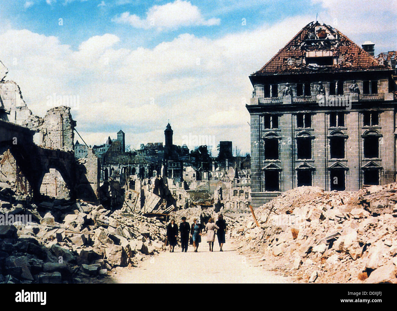 Nuremberg, Ruins, People, walking, bombed-out, city, World War II, Bavaria, Germany, 1945 Stock Photo
