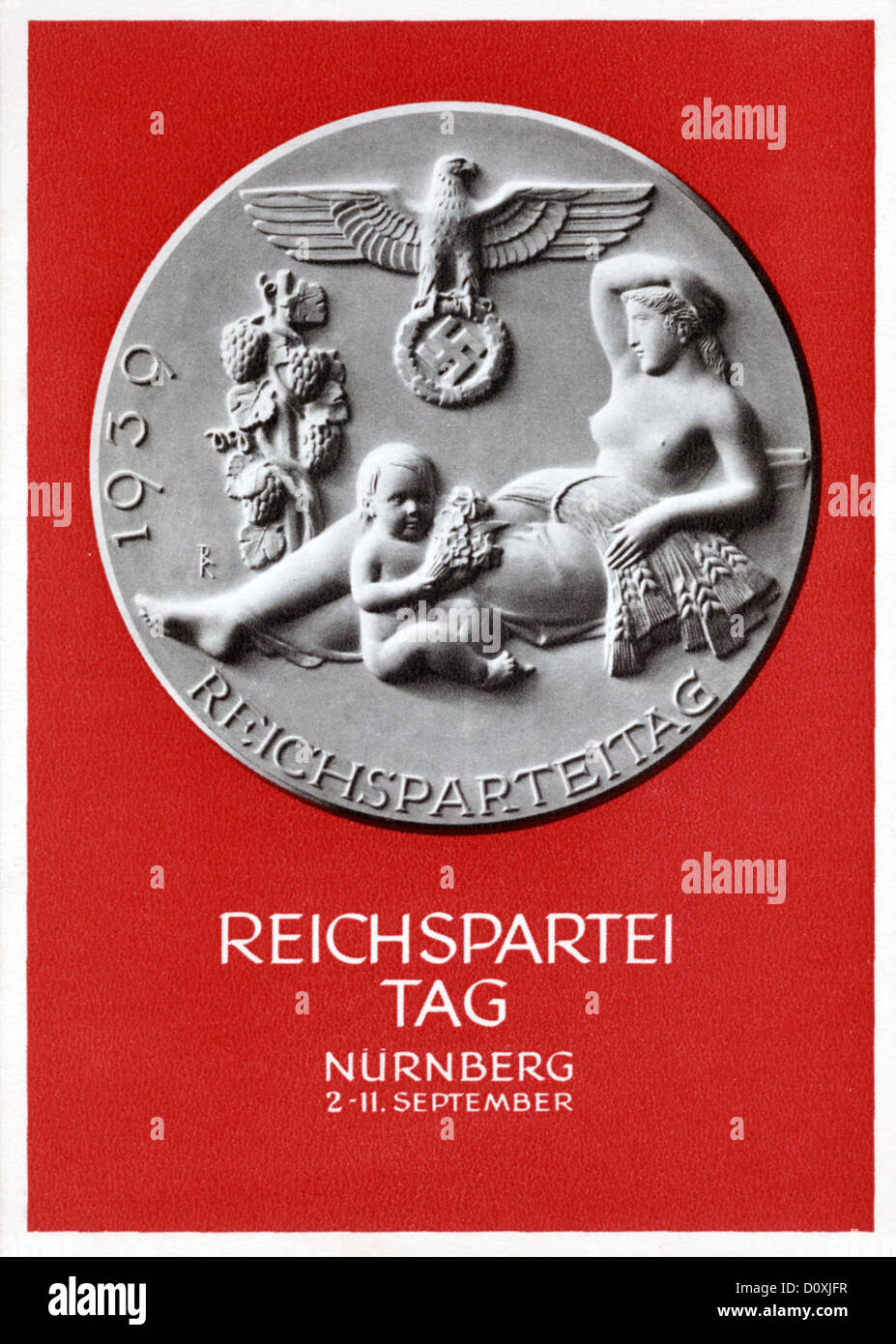 Reichsparteitag, Nurnberg, Announcement, Nuremberg Rally, Nazi, Party, NSDAP, Postcard, card, woman, child, eagle, swastika, Thi Stock Photo
