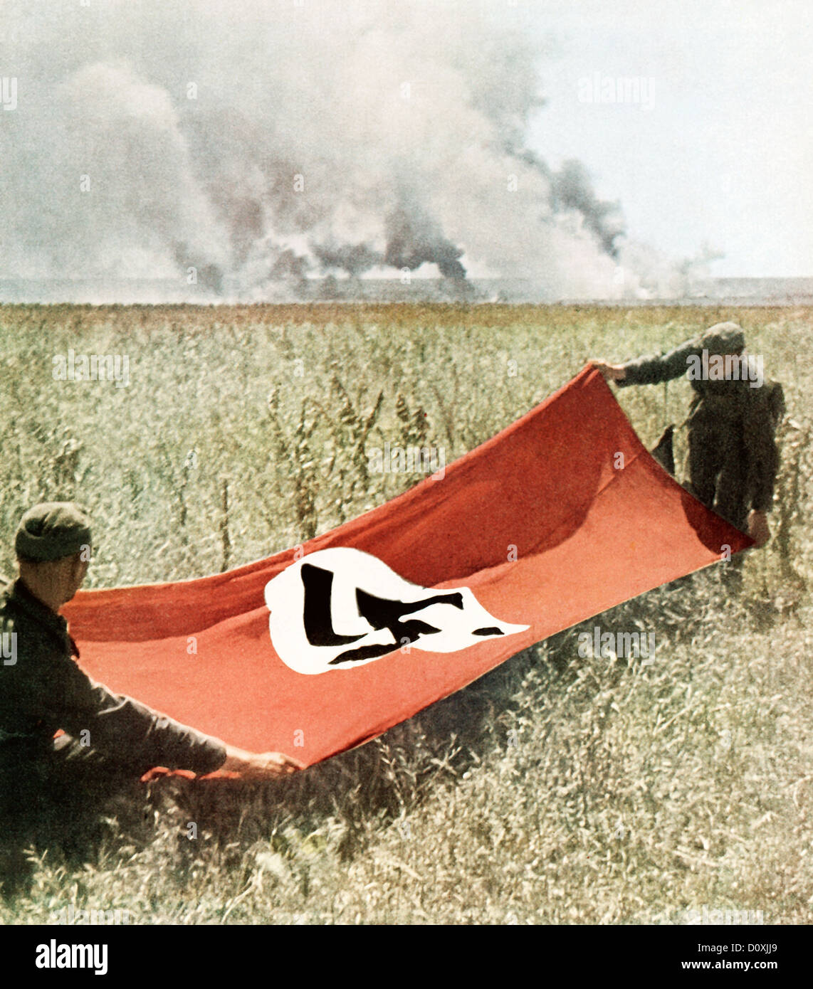 Operation, Barbarossa, Two, Wehrmacht, soldiers, holding, Swastika, flag t, Fighting, Eastern Front, Russia, World War II, Sovie Stock Photo