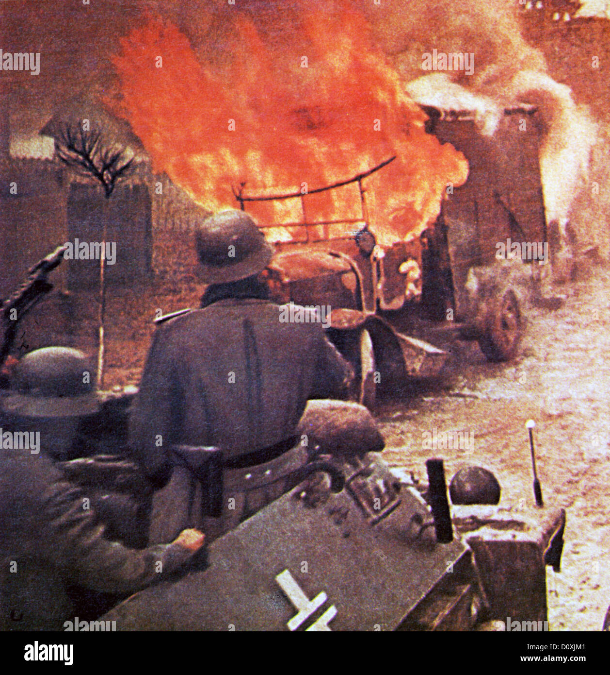 Operation, Barbarossa,  German, soldiers, armoured vehicle, Wehrmacht, burning, Russian, truck, invasion, USSR, World War II, So Stock Photo