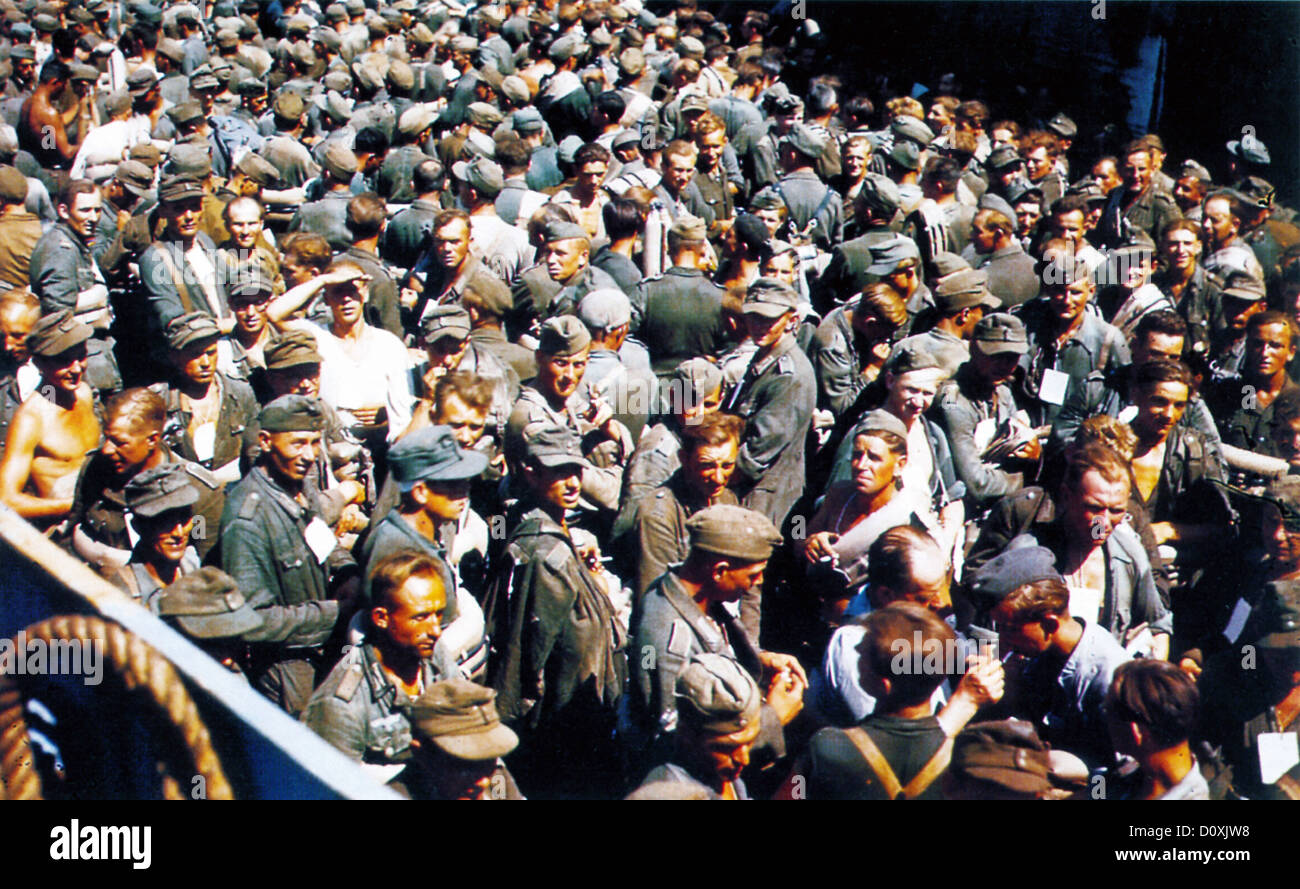 Operation, Overlord, Normandy, German, prisoners of war, POW, board, Landing Craft Transport, LCT, ship, English Channel, Allied Stock Photo