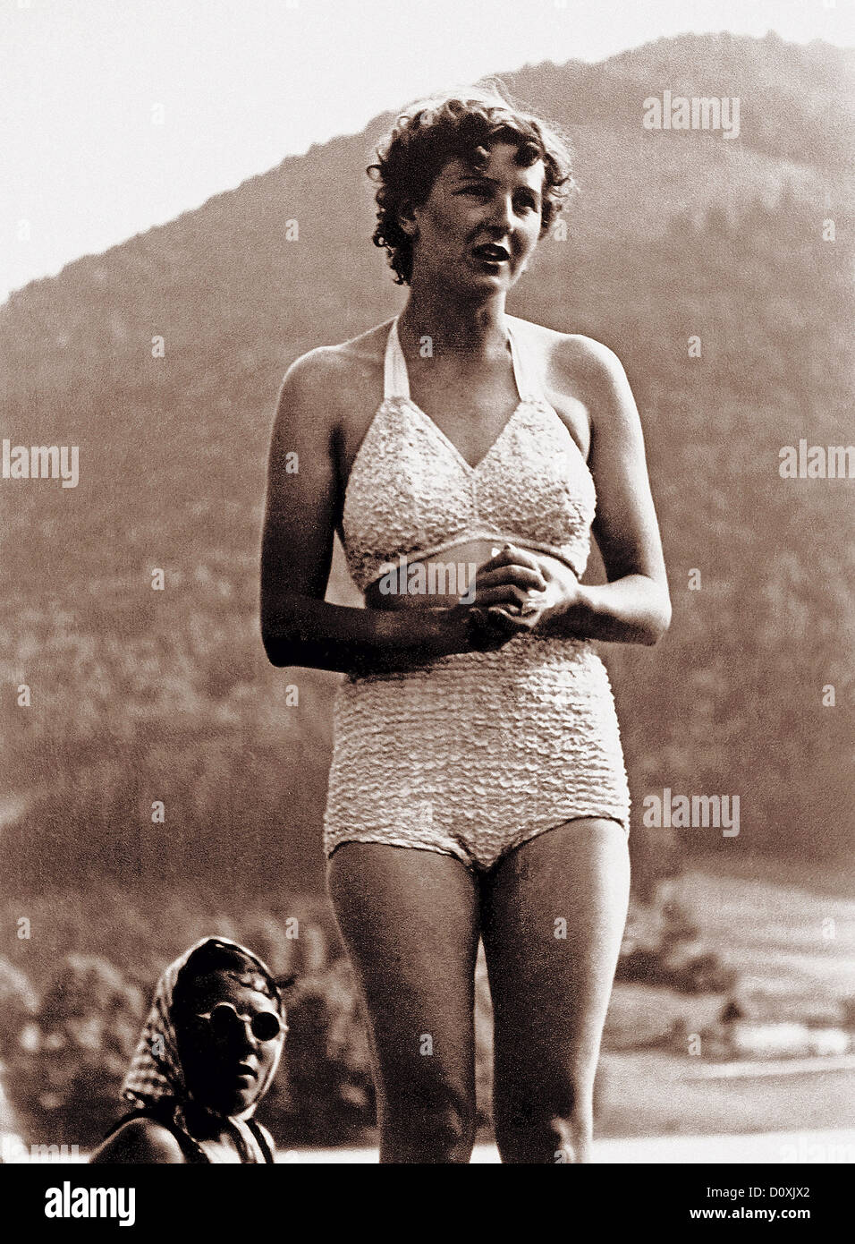 Eva Braun, Braun, bathing suit, swimsuit, Berghof, Adolf Hitler, wife, mistress, 1945, Berchtesgaden, Germany, 1940, Stock Photo