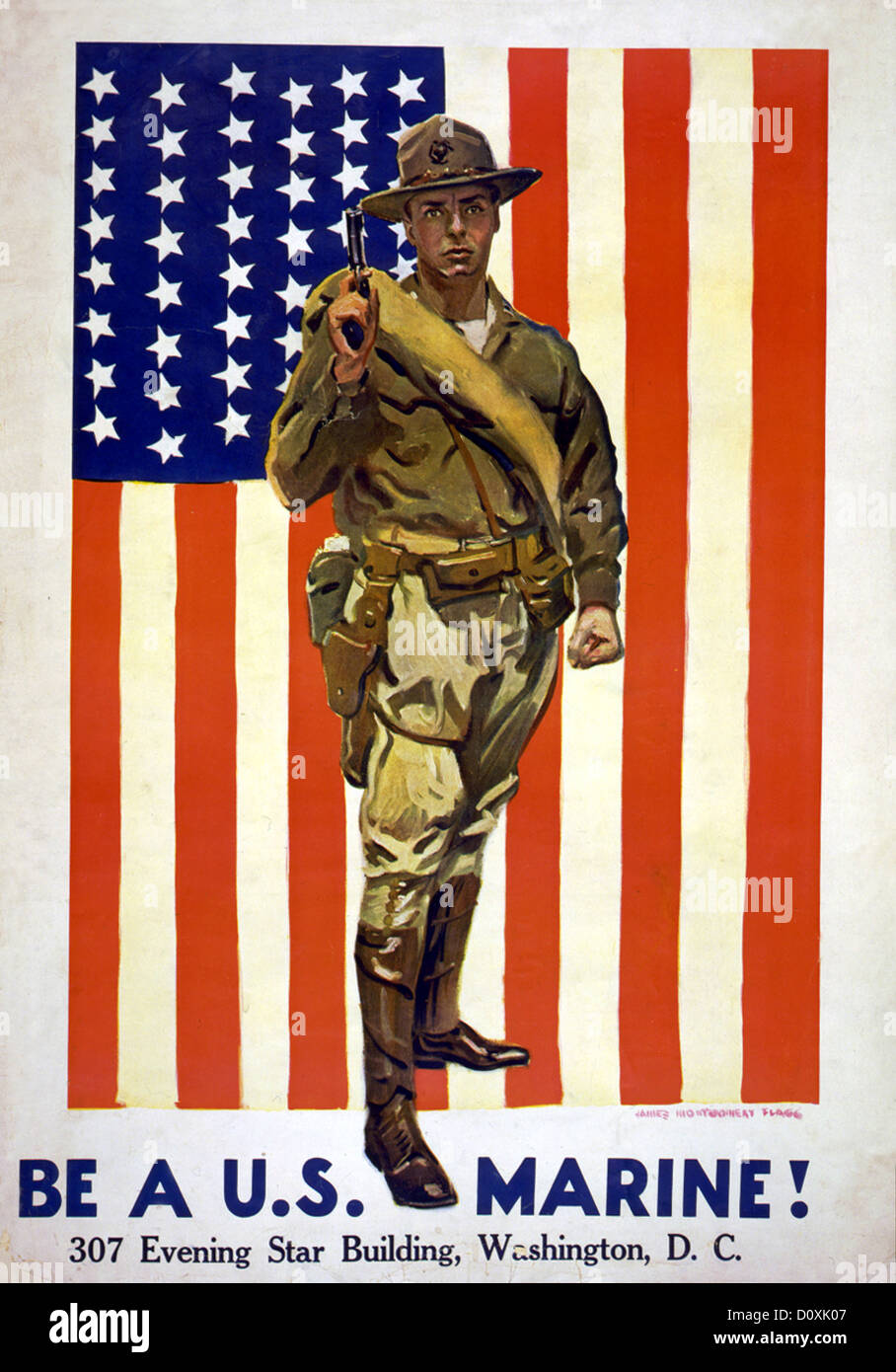 World War I, American, propaganda, poster, USA, soldier, flag, marines, recruitment, Stock Photo